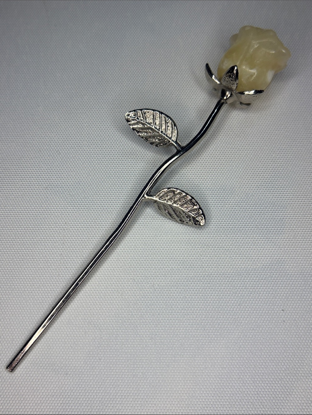 Silver-Tone Rose Stem yellow calcite Carved Rose